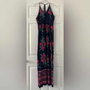 Ruiyige Navy Pink Floral Sleeveless Halter Racerback Maxi Dress w/ Crochet Waist